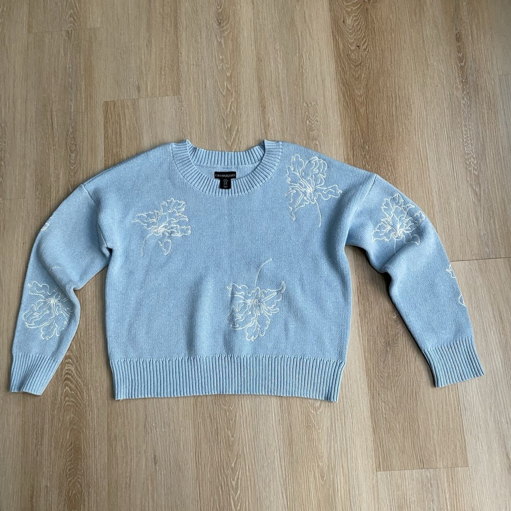 Cynthia Rowley Light Blue Floral Embroidered Sweater SZ Xl Cottagecore Coquette